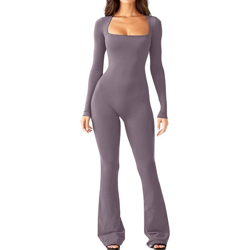 Dame Elegant Langærmet Jumpsuit med dyb kvadratisk U-hals og flatterende snit Stilla