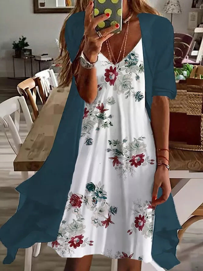 Dame sommerkjole med blomsterdesign og smart cardigan Stilla