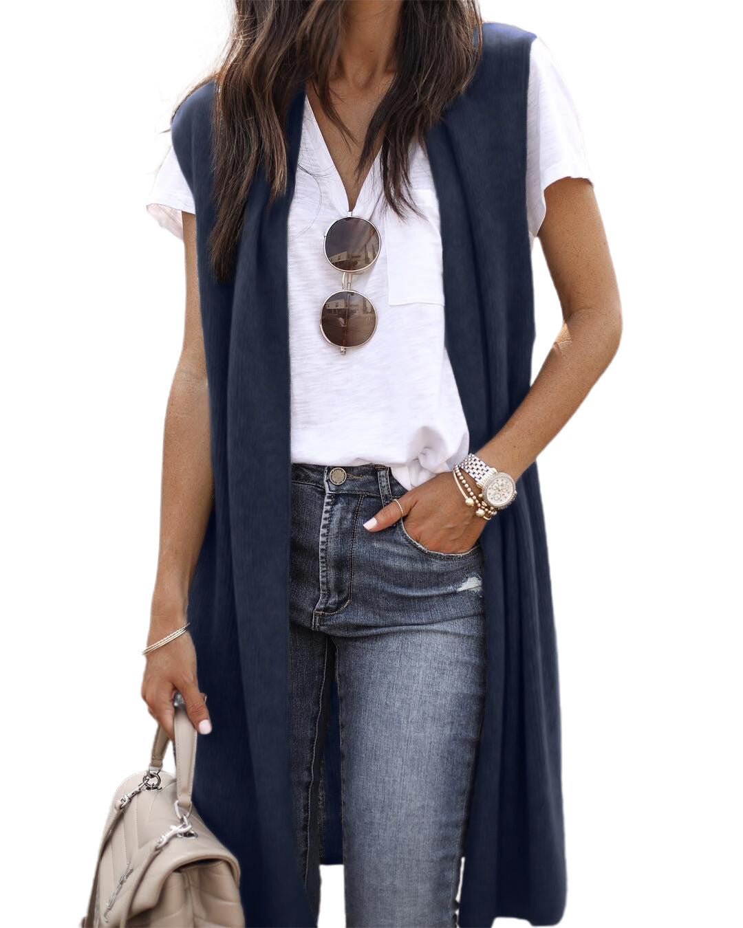 Dame strik vest i casual oversized design med åbne fronter og kort ærmelængde Stilla