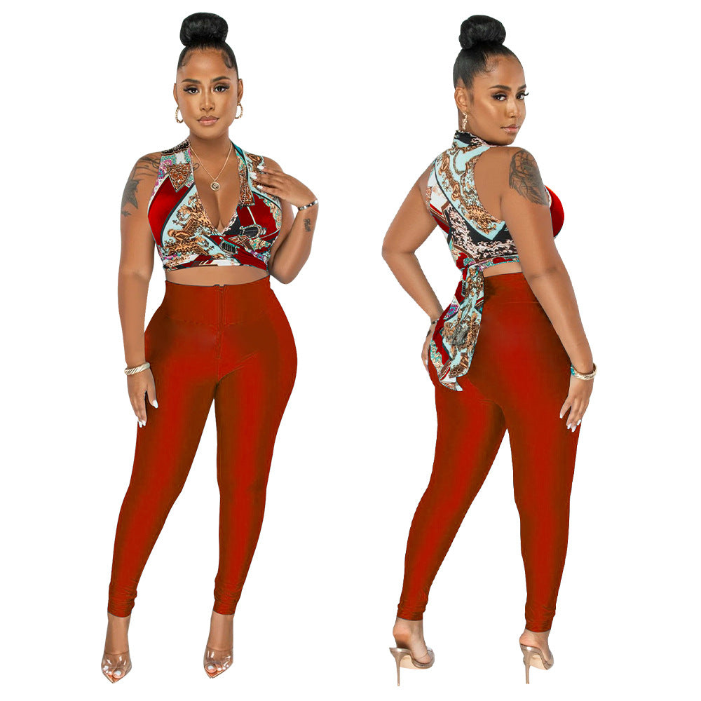 Dame Crop Top og Høj taljede Leggings Sæt med elegant trykdesign Stilla
