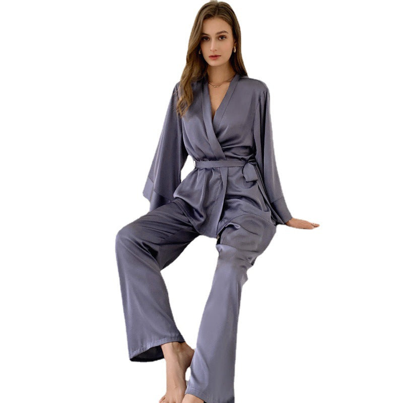 Dame Satin nattøj med elegant kimono-overdel og brede bukser Stilla