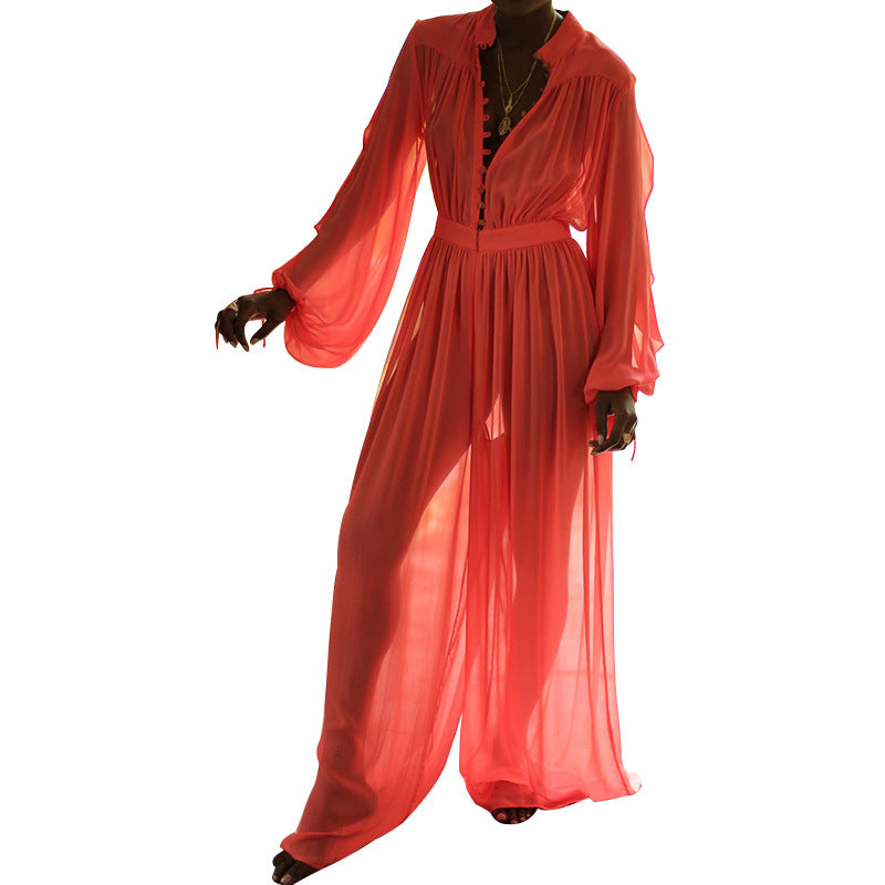 Dame Elegant Maxijumpsuit med transparent design og voluminøse ærmer Stilla