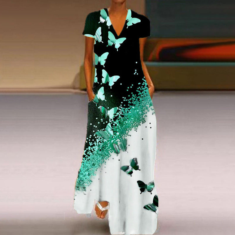 Stilla | Chic Butterfly Print V-hals Korte Ærmer Kjole