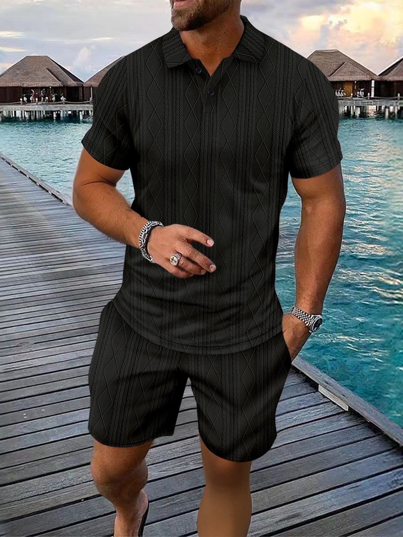 Herrer Strukturstrik Polo og Shorts Sæt Stilla