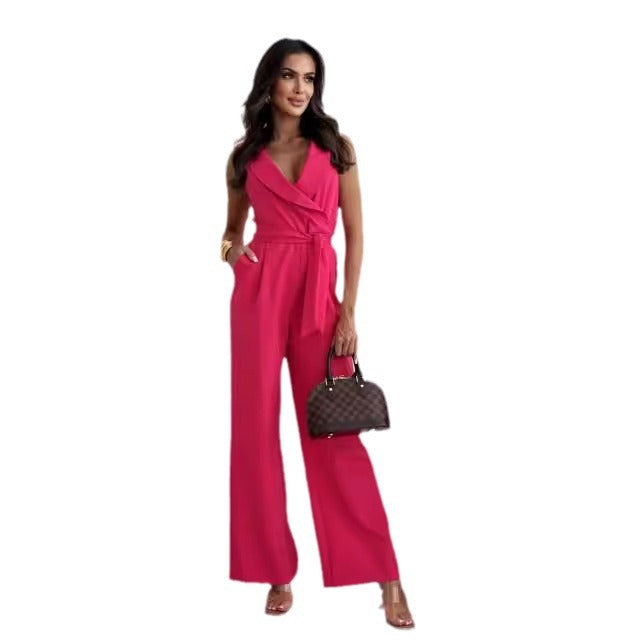 Dame Elegant Jumpsuit med dyb V-udskæring og taljebælte Stilla