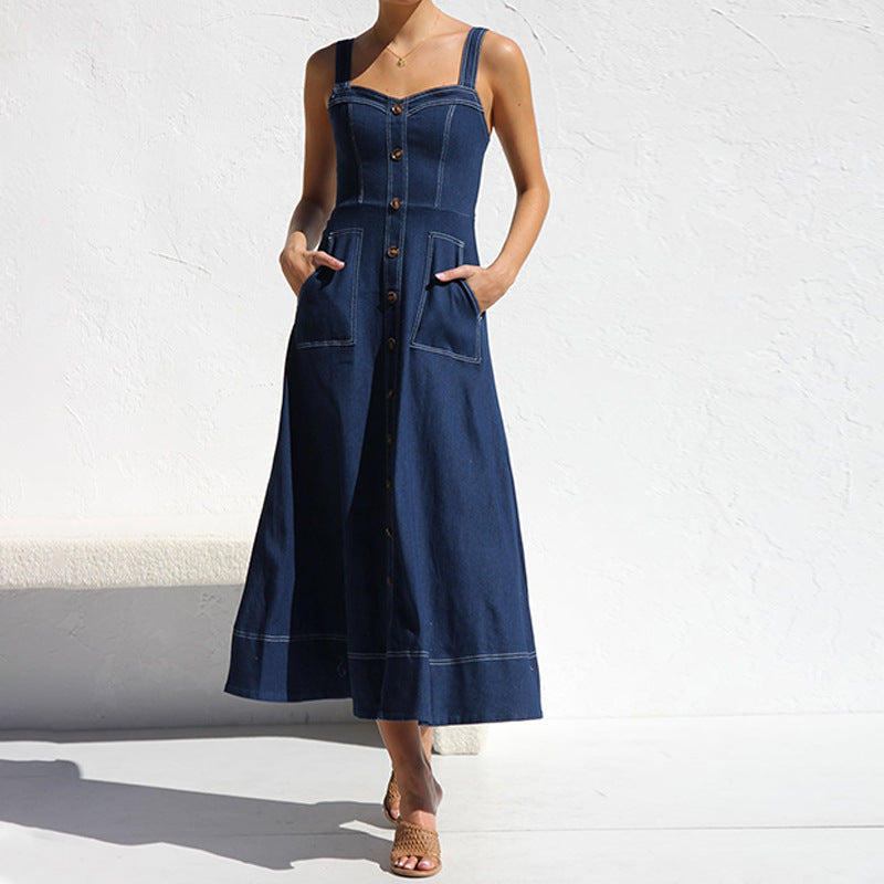 Stilla | Knap-Op Slidt Casual Denim Lang Kjole