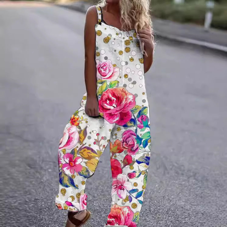 Dame Blomstret Mønstret Jumpsuit med Bred Ben og Spaghetti-Stropper Stilla