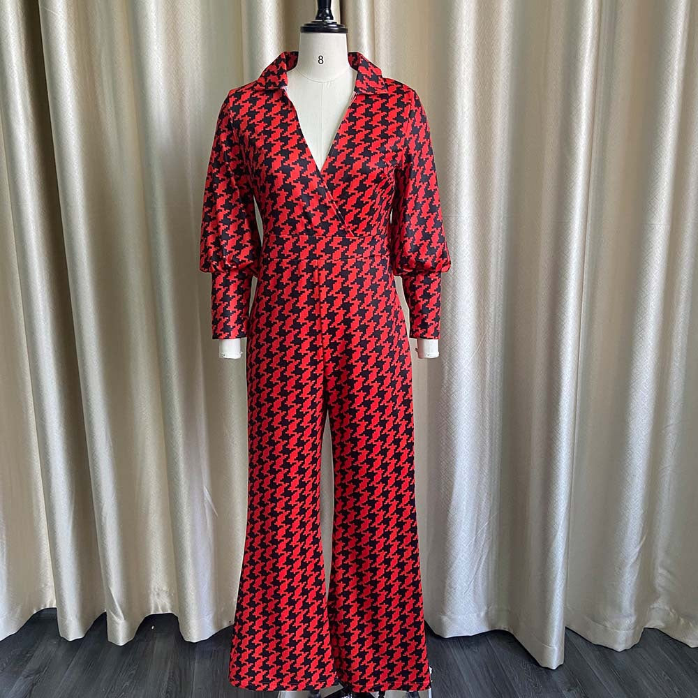 Dame jumpsuit med elegant hane-fremskridtmønster og vidde ben Stilla