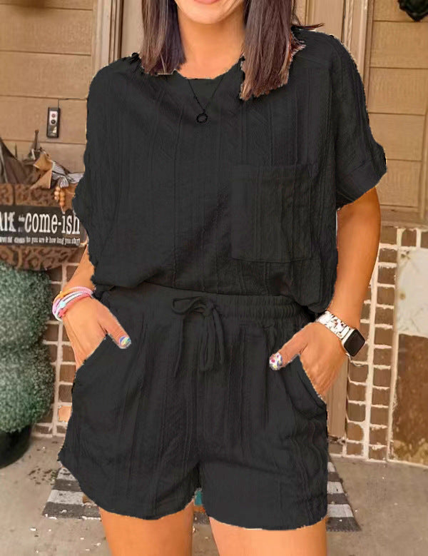 Dame afslappet kortærmet sæt med lomme og elastisk bund Stilla