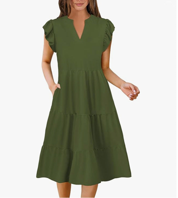 Dame afslappet sommerkjole med uldne ærmer og V-hals Stilla