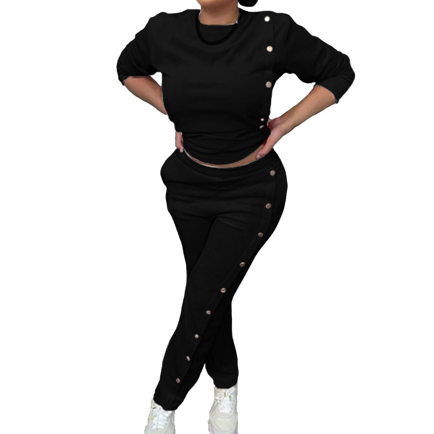 Dame Sporty fritidsoutfit med knapbart overdel og elastiske bukser Stilla