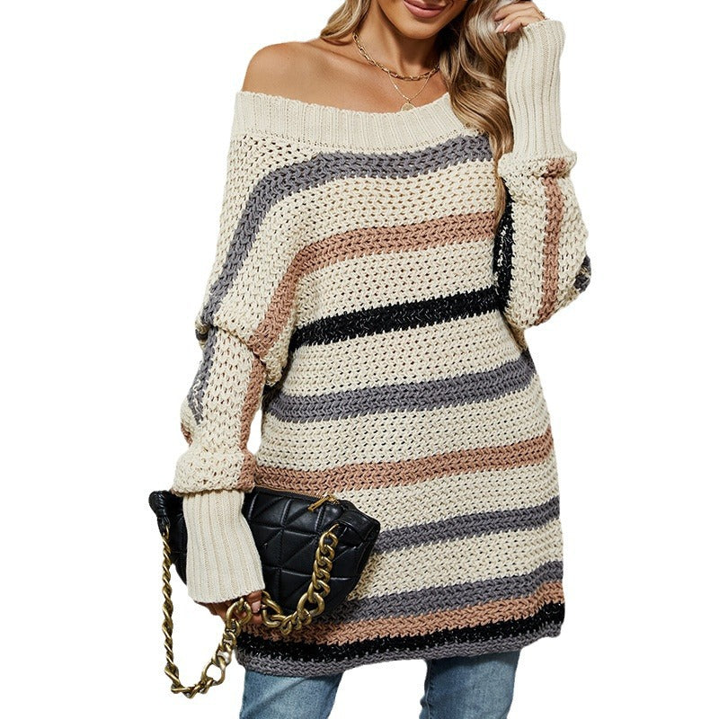 Dame afslappet OVERSTØRRELSE strikpullover med unikt struktureret design og farverige blokstriber Stilla