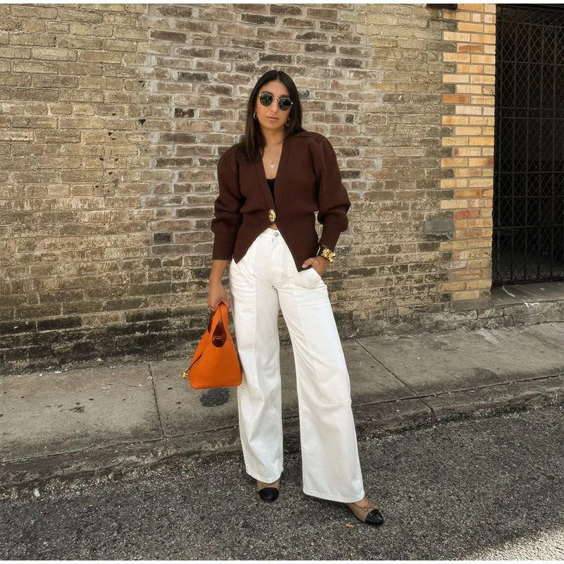 Dame elegant strikcardigan med asymmetrisk snit og dekorativ knap Stilla