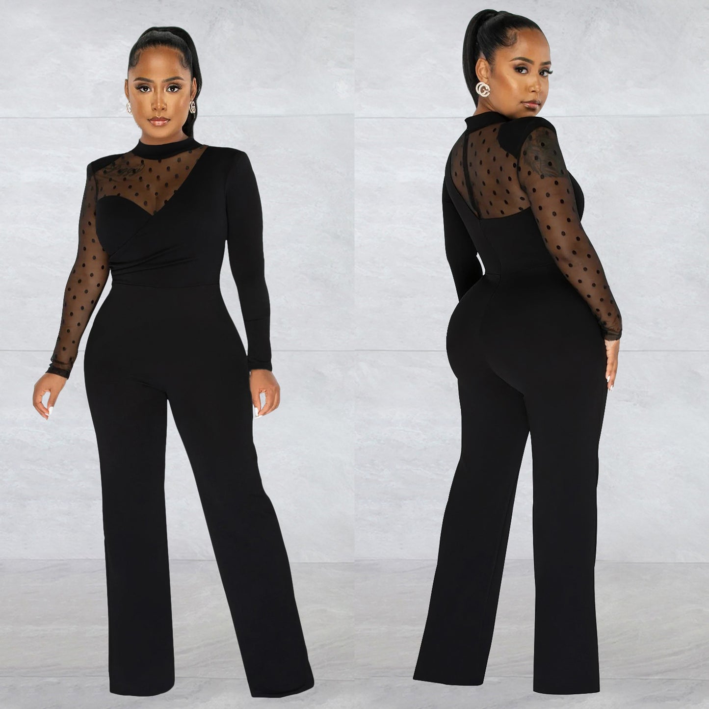 Dame Elegant Jumpsuit med transparente ærmer og stilfuld indpakningsdesign Stilla