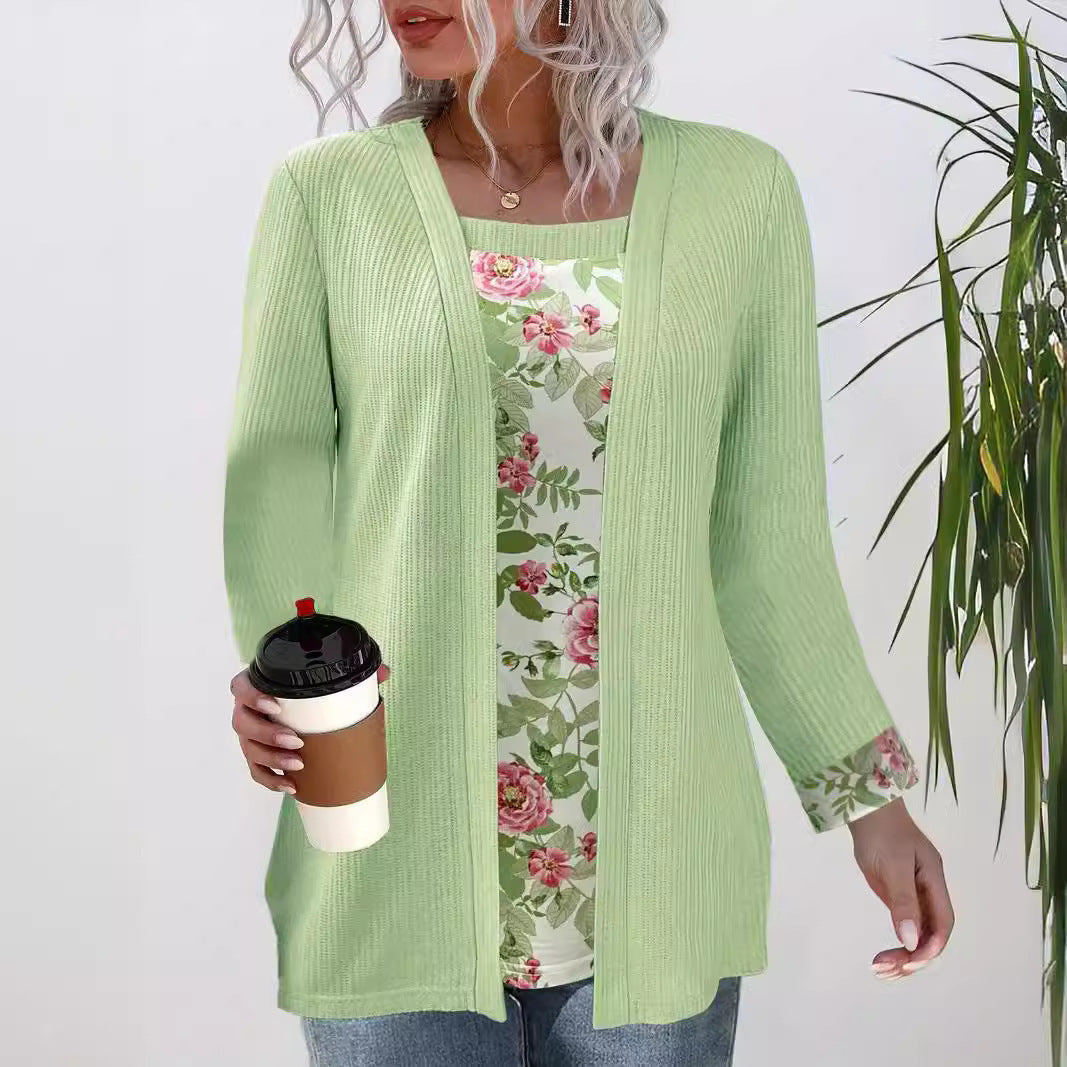 Dame afslappet cardigan med blomstret inderfór Stilla