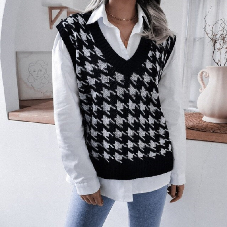 Dame strikvest med moderne houndstooth mønster Stilla