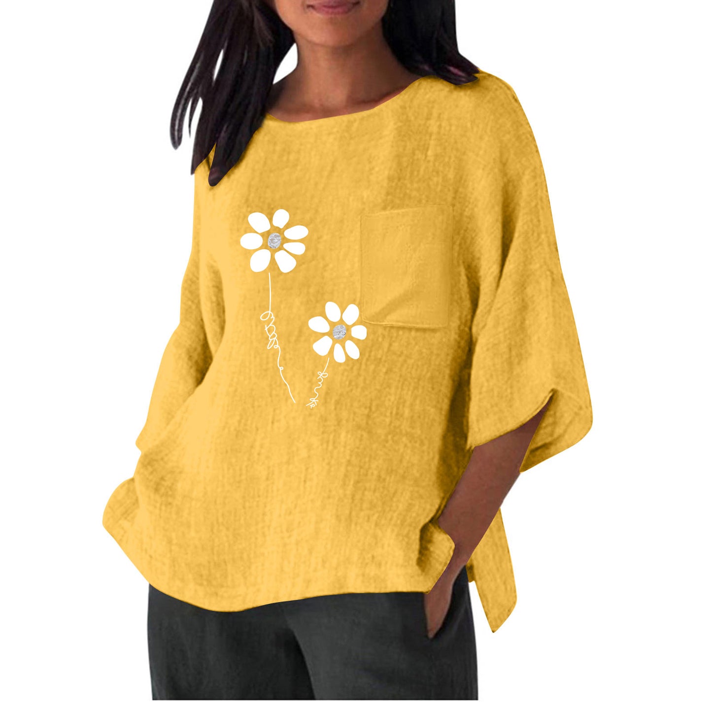 Dame afslappet bluse t-shirt med unik blomsterprint og praktisk brystlomme Stilla