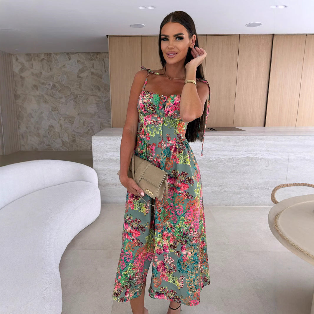 Dame jumpsuit med floral design og justerbare stropper Stilla