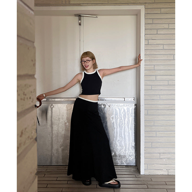 Dame Crop-Top og Maxiskørt-sæt med kontrastdetaljer og flydende snit Stilla