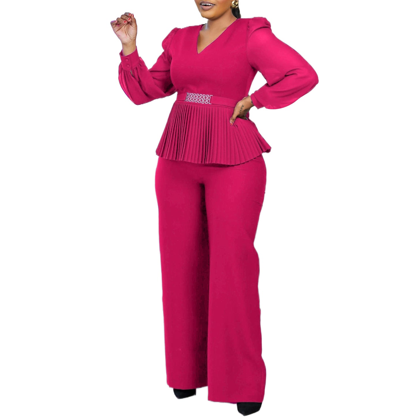 Dame elegant Plissé-jumpsuit med voluminøse ærmer og taljebælte Stilla