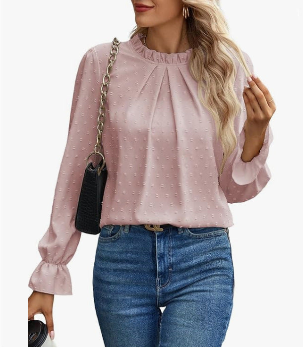 Dame elegant bluse med flæsedetaljer og prikket stof Stilla