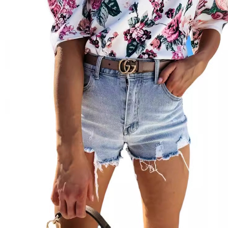 Dame denim-shorts med trendy destroyed-look og høj talje Stilla