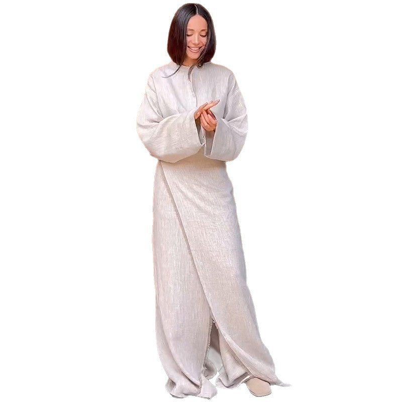 Dame afslappet linned to-delt sæt med vidt skåret overdel og flydende nederdel Stilla