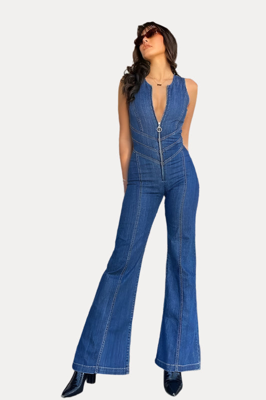 Stilla | Retro Style Høj Talje Vasket Denim Jumpsuit