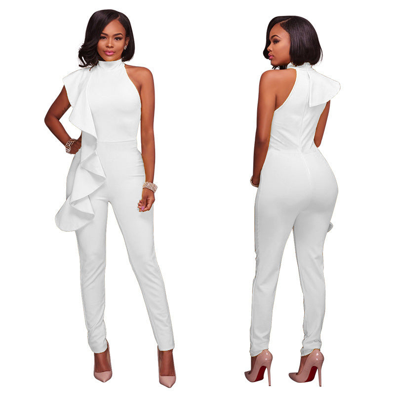 Dame Bodycon Jumpsuit med asymmetrisk snit og flæsedetaljer Stilla
