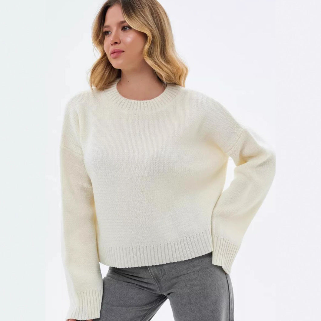 Dame hyggelig cropped sweater med afslappede ballonærmer og ribstruktur Stilla