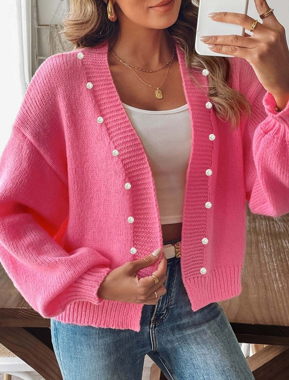 Dame afslappet strik cardigan med perle knapper og bred snit Stilla