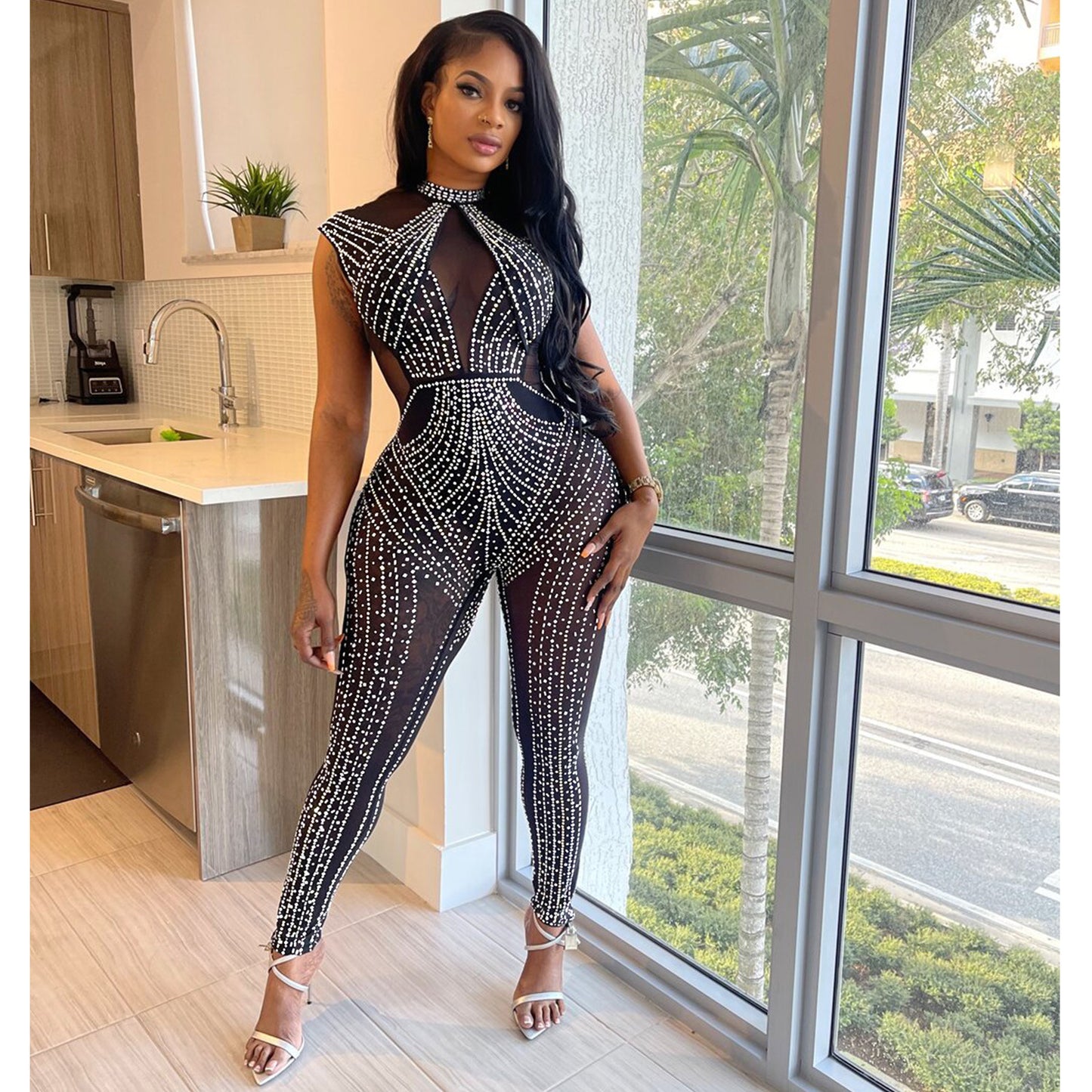 Dame Glamourøs Bodycon Jumpsuit med glitrende rhinsten dekorationer og transparente indsatser Stilla