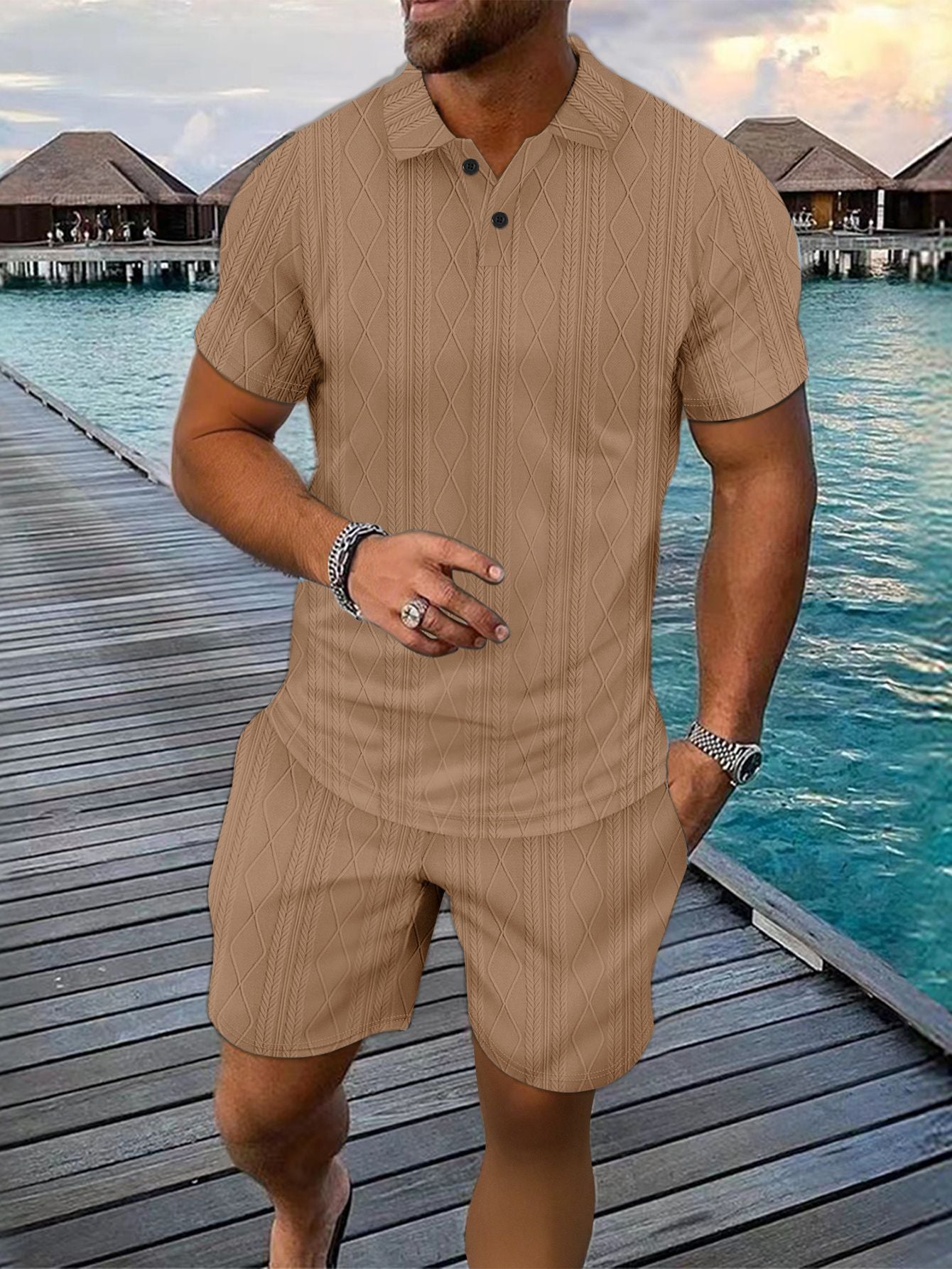 Herrer Strukturstrik Polo og Shorts Sæt Stilla