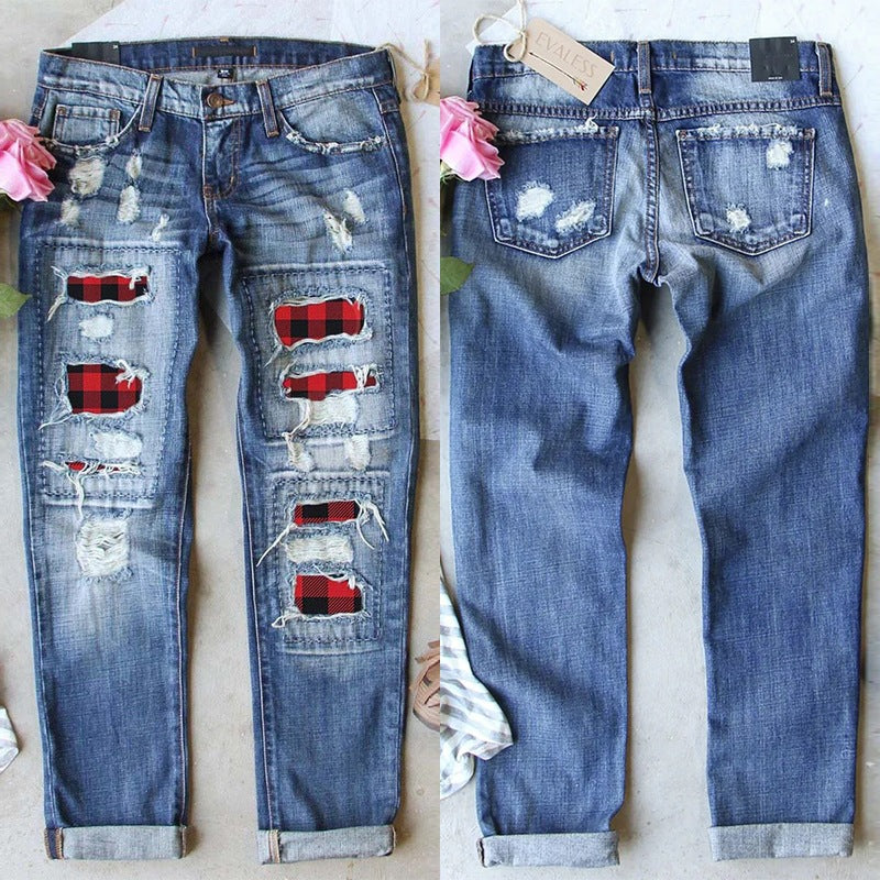 Dame Ripped Jeans med ternede applikationer og afslappet design Stilla