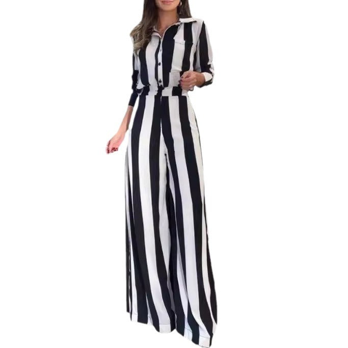 Dame Elegant Jumpsuit med brede striber og skjorte krave Stilla