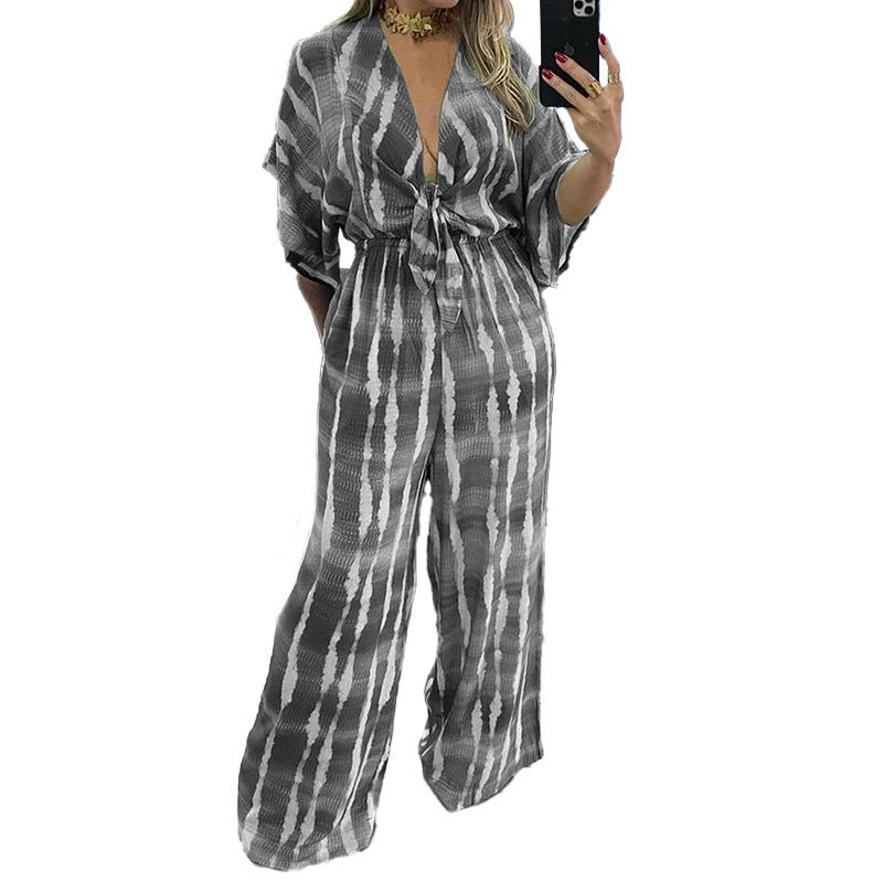 Dame jumpsuit med knyttet talje og bred ben Stilla