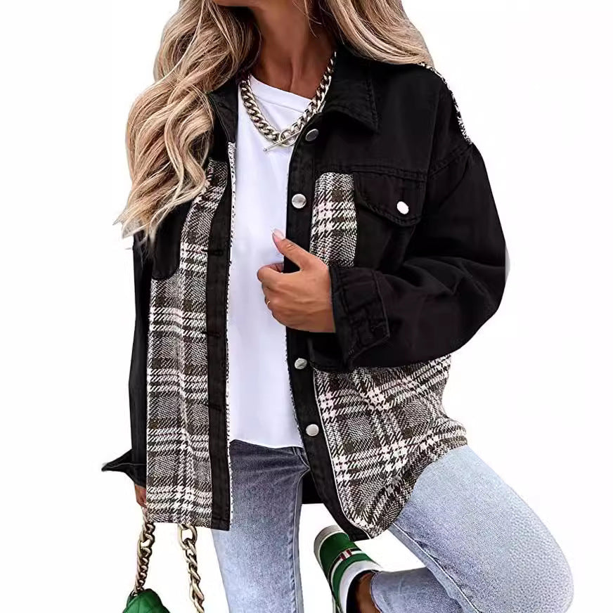 Dame Oversized Jeansjakke med ternet mønster og knapdetaljer Stilla