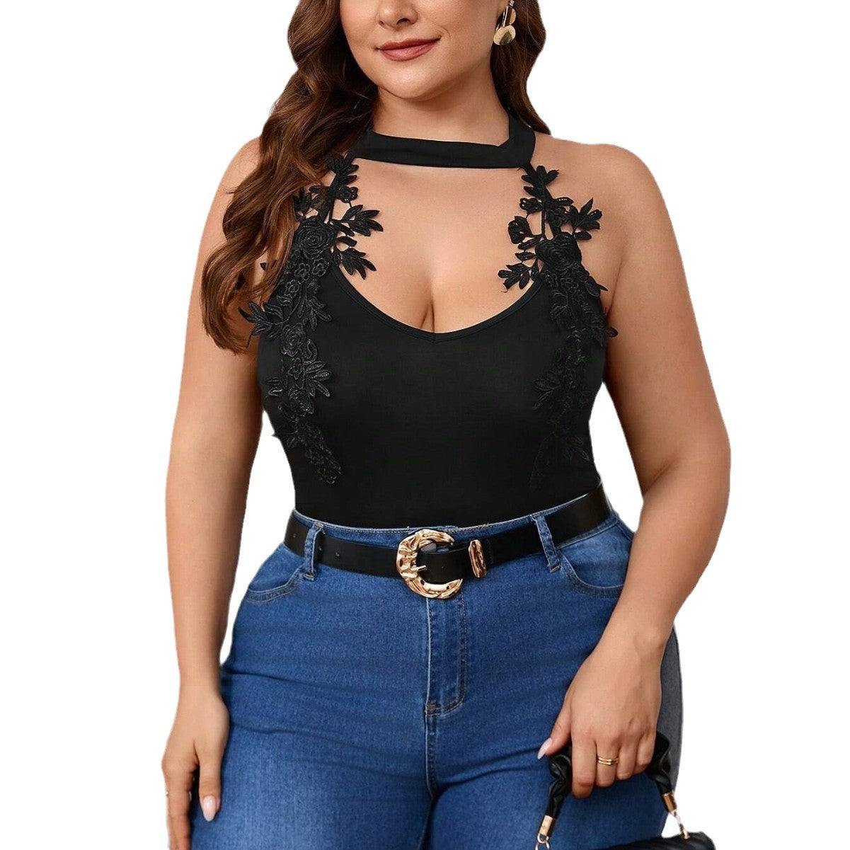 Dame højhalset bodysuit med florale spidsapplikationer Stilla
