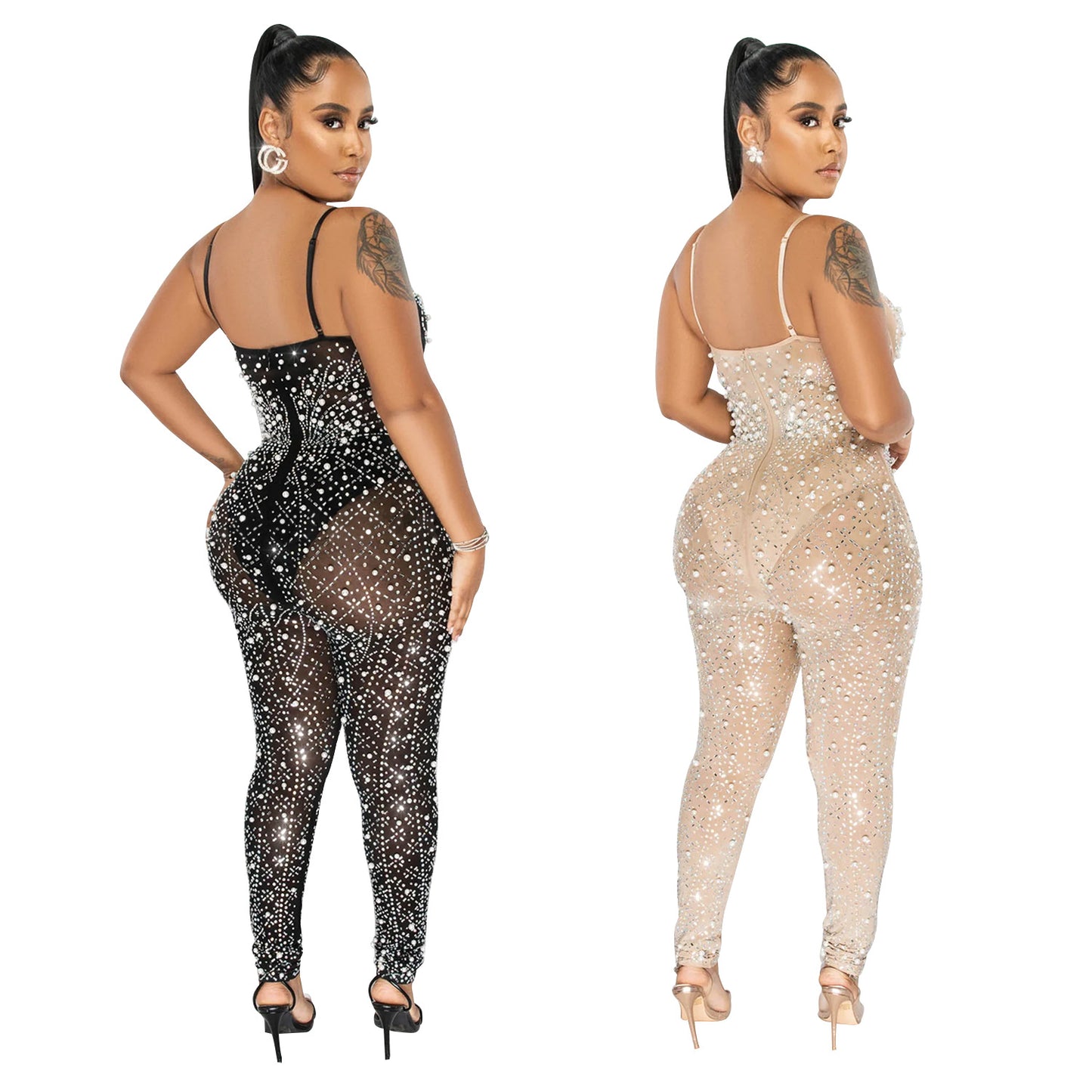 Dame Couture Jumpsuit med strassdekorationer og transparente indsatser Stilla
