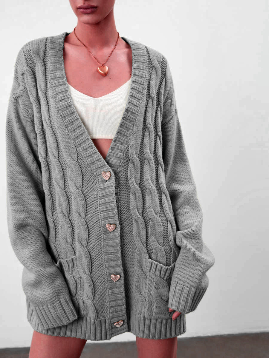 Dame Grovstrik cardigan med hjerteformede knapper og sidelommer Stilla