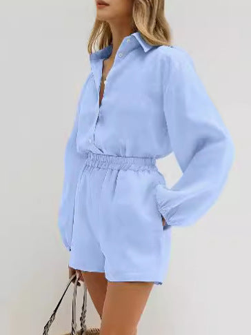 Dame Elegant Kort jumpsuit med ballonærmer og skjortekrave Stilla