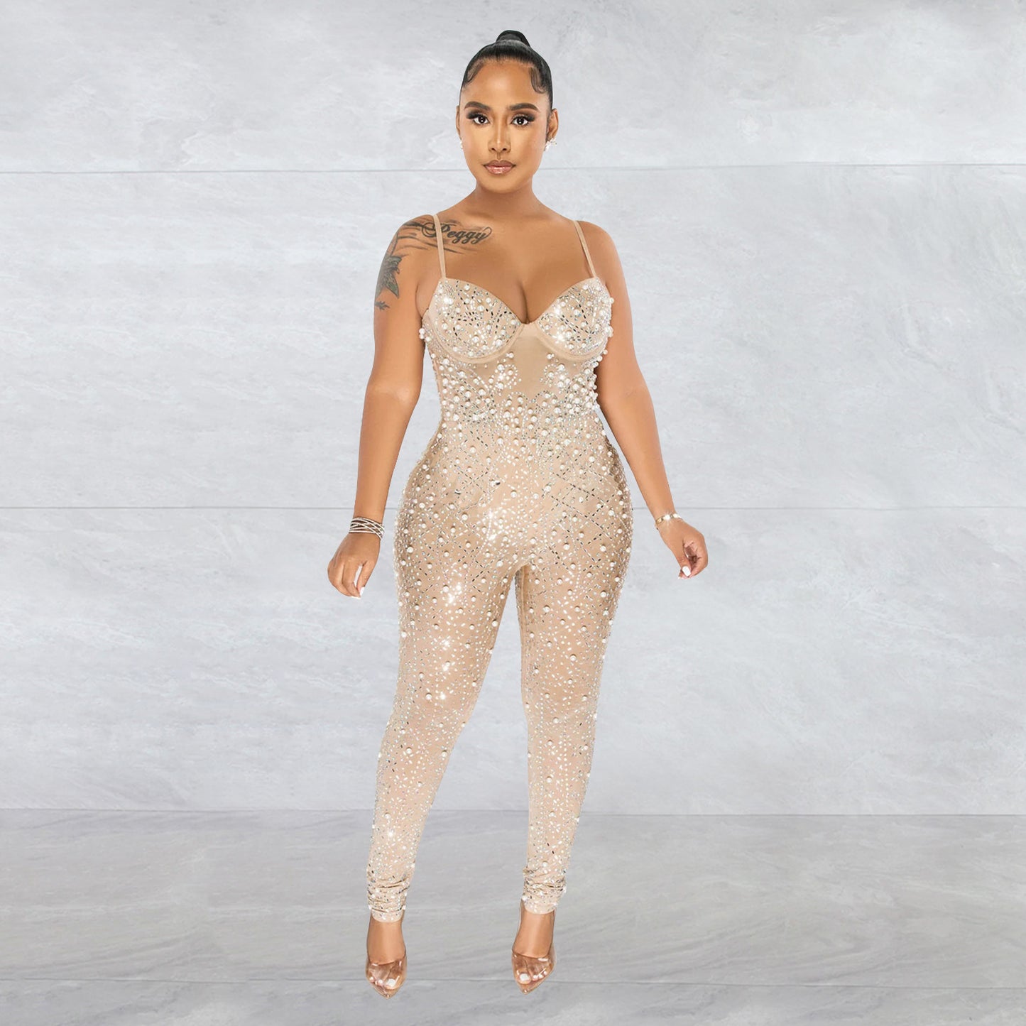 Dame Couture Jumpsuit med strassdekorationer og transparente indsatser Stilla