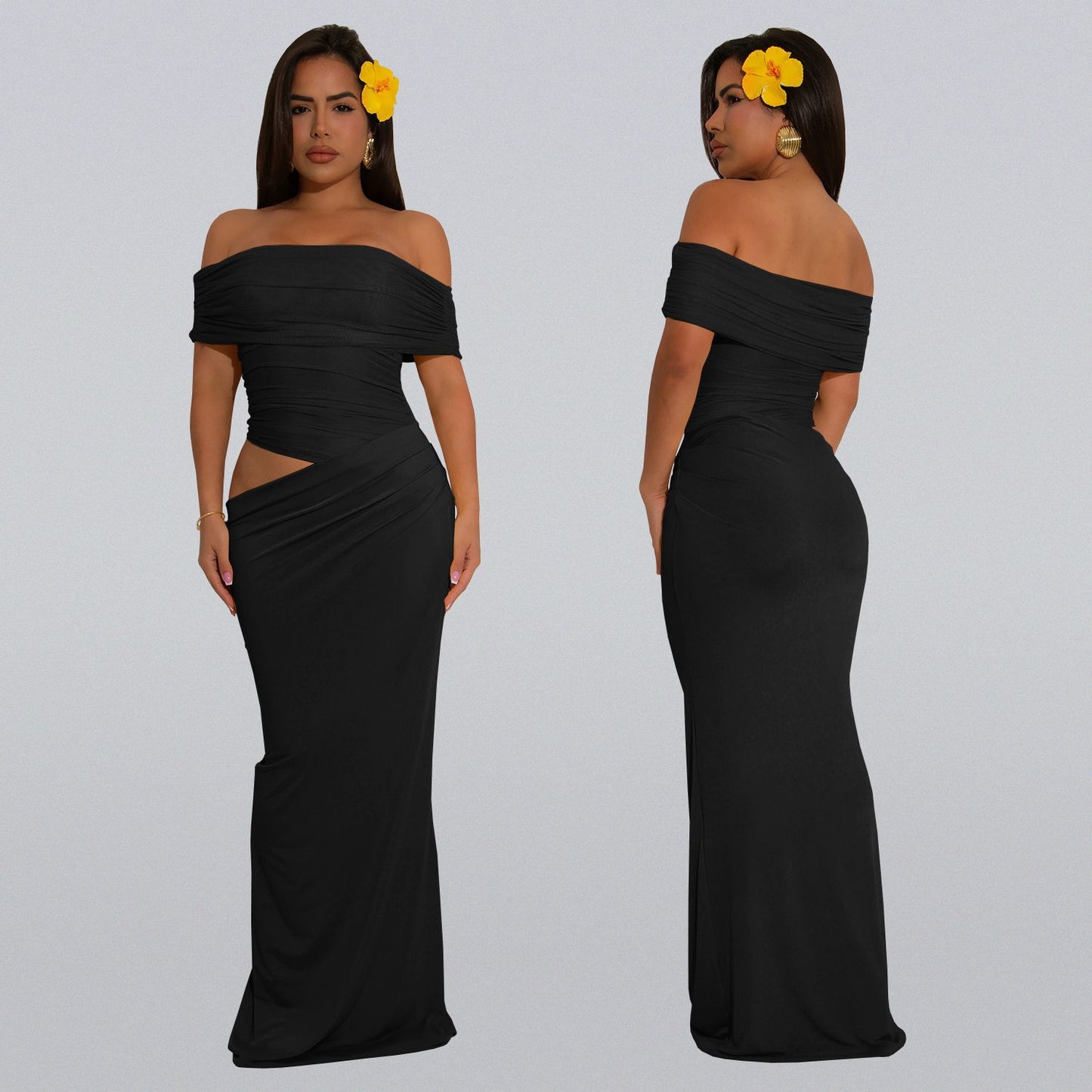 Dame Elegant Off-Shoulder-Maxi-Kjole med figursyet snit og rynk Stilla