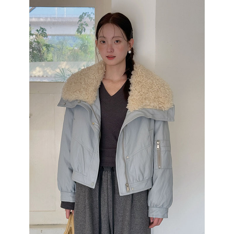 Dame oversized læderjakke med varm sherpa-krave og afslappet snit Stilla