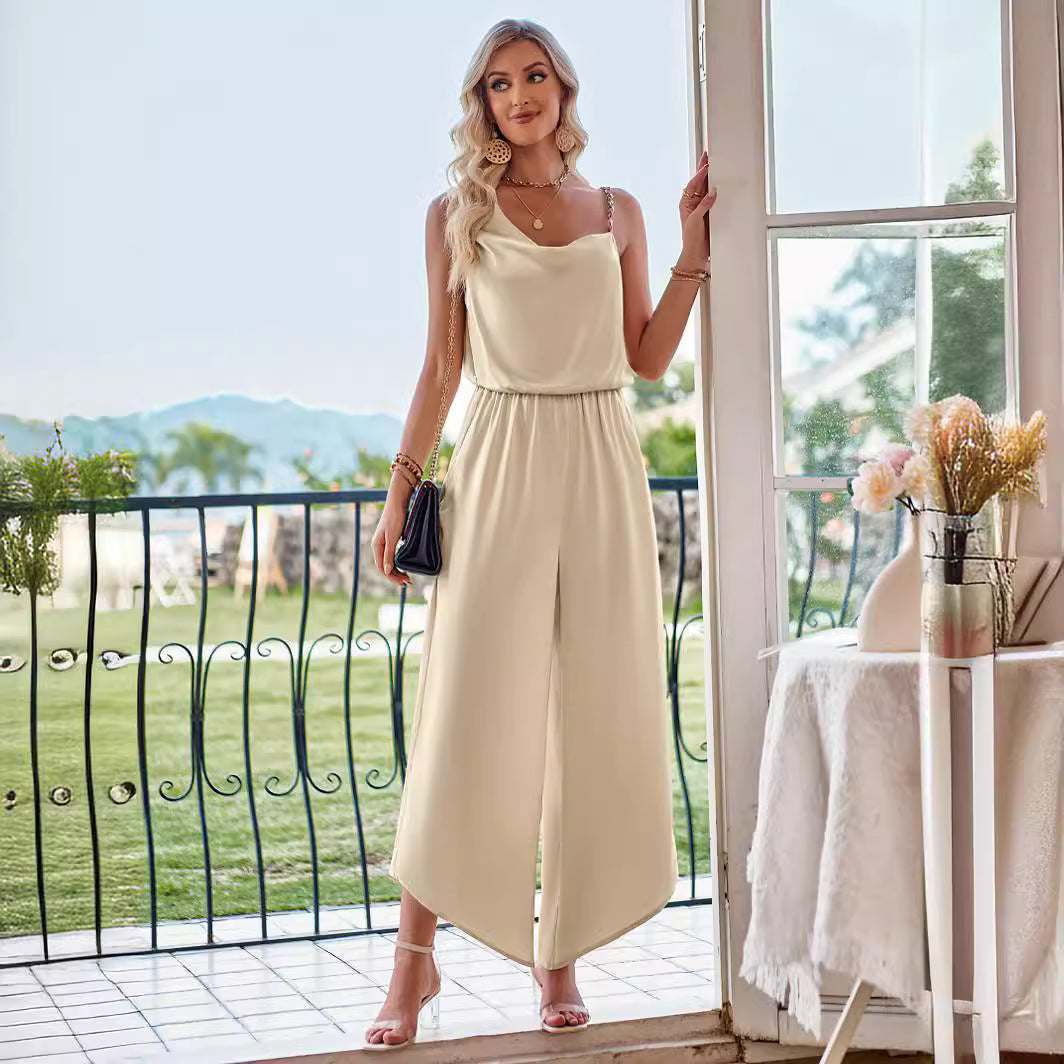 Dame elegant Jumpsuit med asymmetrisk udskæring og bredt ben Stilla