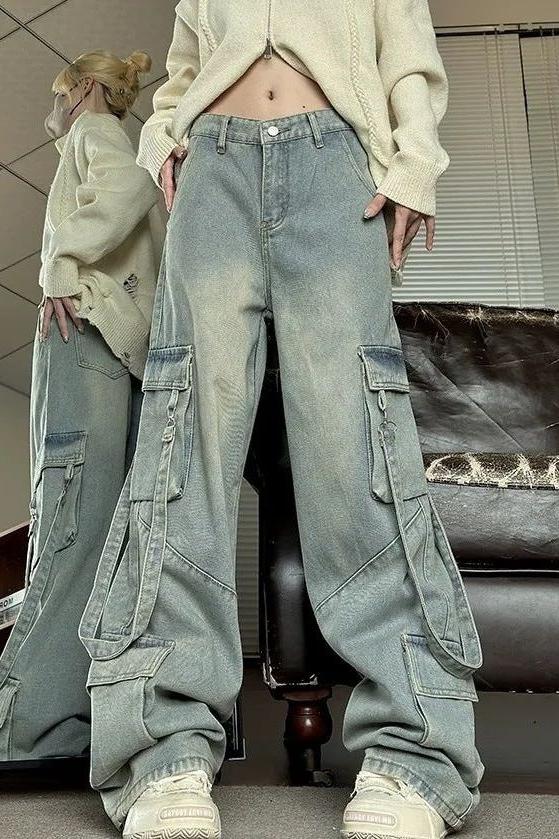 Stilla | Retro Vaskede Overalls Bred Cargo Jeans