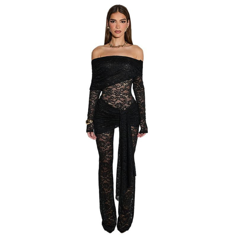 Dame Bodycon Jumpsuit i spidsestof med Off-Shoulder-design Stilla