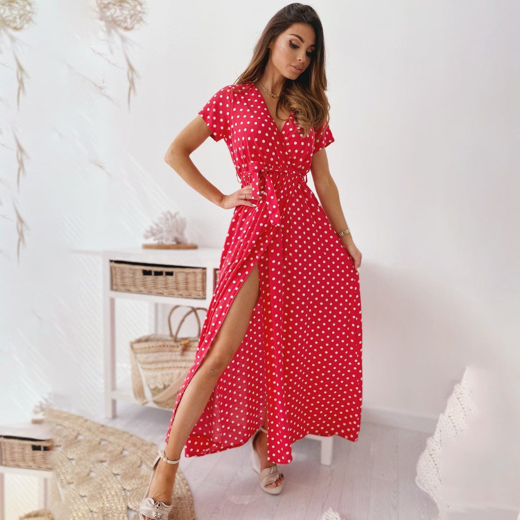 Dame Polka-Dot Maxikjole med sideslids og bundet bælte Stilla