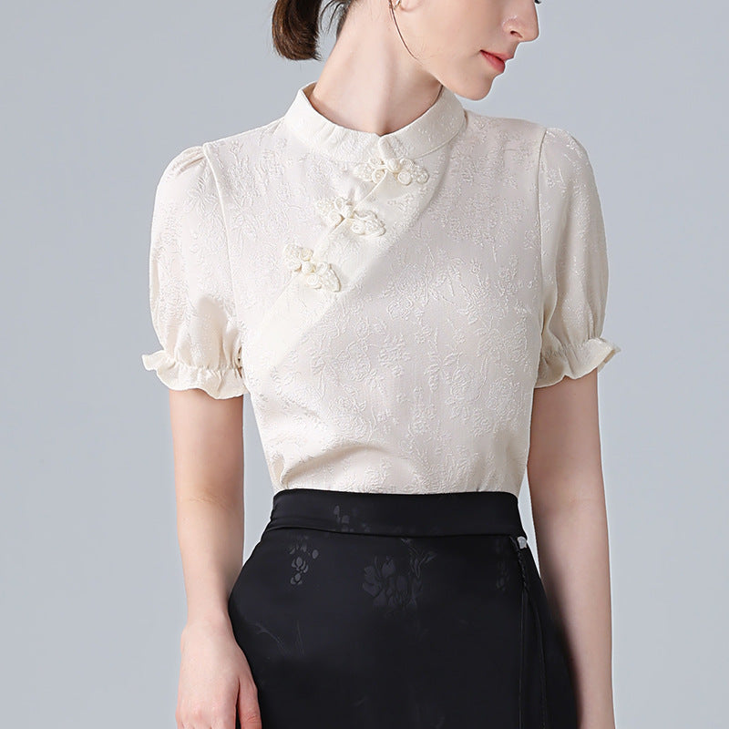 Dame Elegant Bluser T-shirt med asymmetrisk krave og floral struktur Stilla