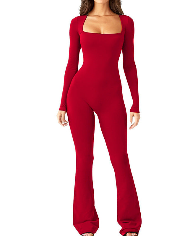 Dame Langærmet Jumpsuit med bredt ben og kvadratisk udskæring Stilla